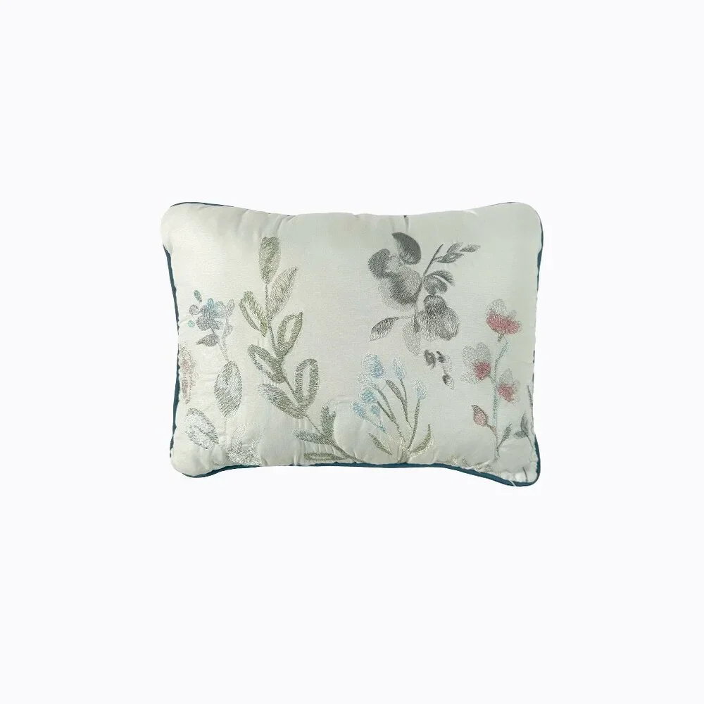 Floral Embroidered Lumbar Pillow Cream Blue Piped Boutique Decor Country Coastal